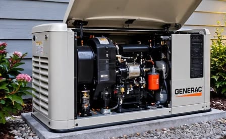 Standby generator with its lid open, showing the engine, oil filter and battery area