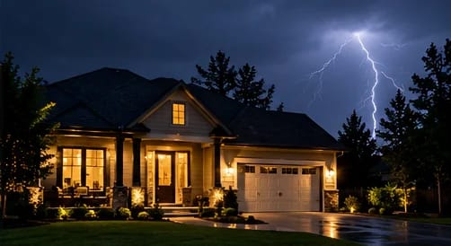 Home with its lights on at night while lightning strikes in the background