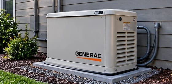 Standby generator on a concrete pad beside a house, with electrical conduit and a gas line connected